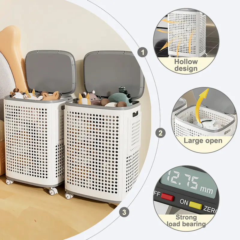 Rolling Laundry Basket with Lid and Wheels